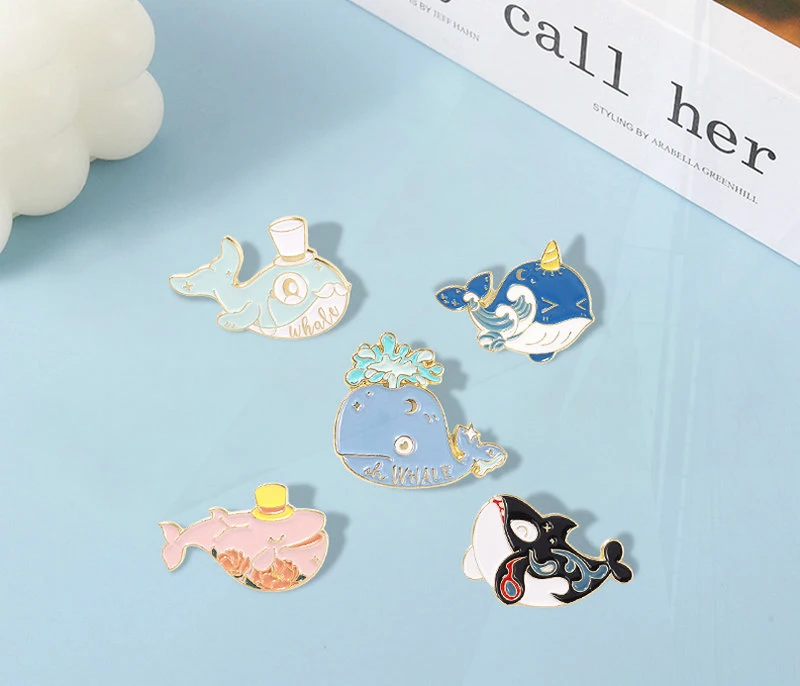 

Wave Cartoon Bag Hat Lapel Pins Badge Gift for Girl Boys Whale Enamel Brooch Sea Animal Pines Flower Ocean