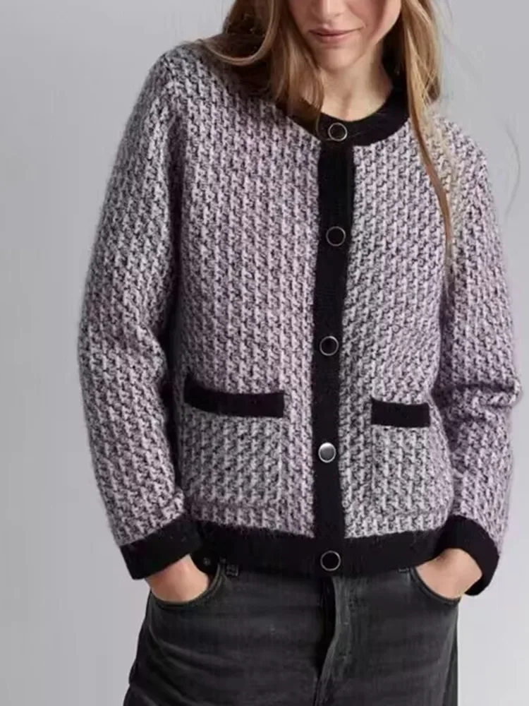 

Women's Knitted Cardigan 2023 New Fall Winter Tweed Splices Round-Neck Single Breasted Vintage Long Sleeve Sweater