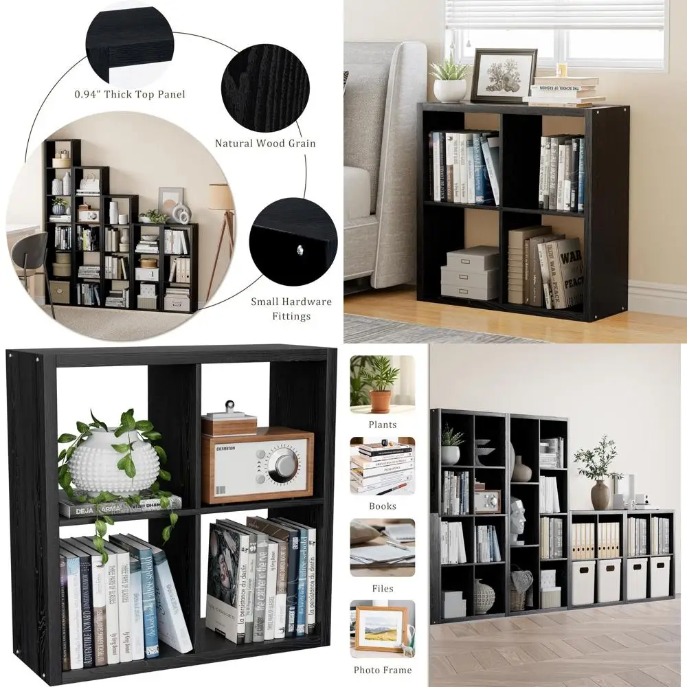 

Elegant 11 Open Back Bookshelf, 4-Cube Storage, Thickened Border, Ideal for Home or Office Display (Black)