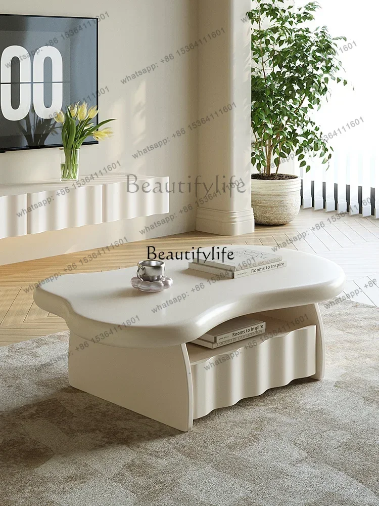 FG10 -*French cream wind wave coffee table small apartment living room heterosexual solid wood white coffee table