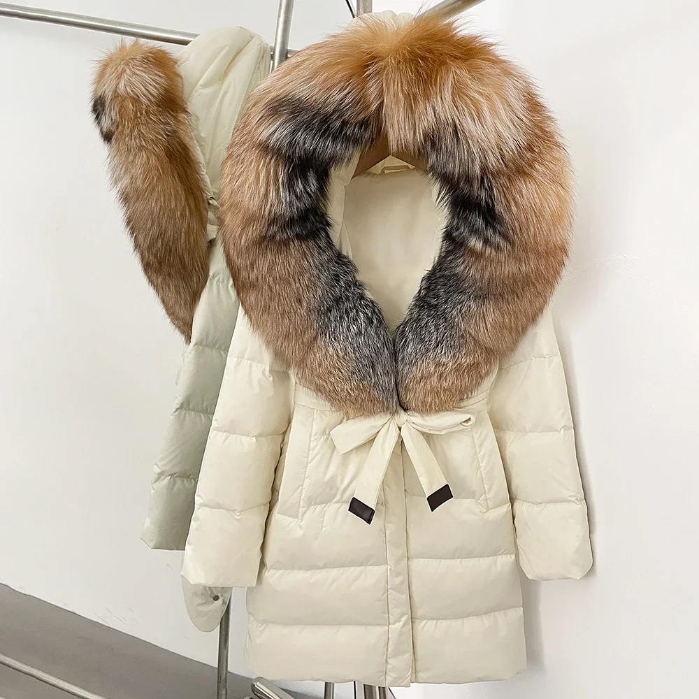موضة الأبيض بطة أسفل معطف مقنعين الفراء الحقيقي الواقع الفراء سترة المرأة الخريف 2025 الشتاء ملابس خارجية الإناث الثعلب الفراء معطف منتفخ