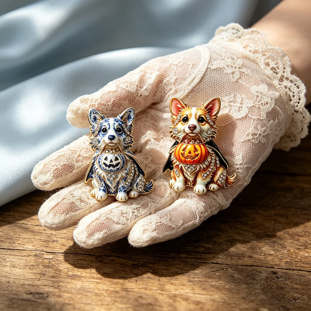 Vintage Halloween Corgi Brooch, Pumpkin Cape Rhinestone Dog Lapel Pin, Cute Animal Badge Decor for Women Suit Scarf Jewelry Gift