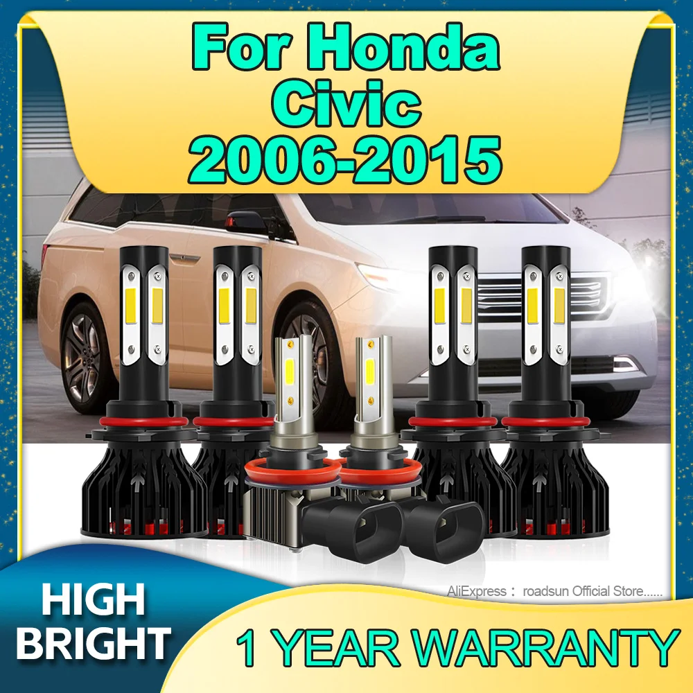 2/6Pcs 25000LM LED Canbus Car Headlight 9005 9006 Bulbs 6000K H11 Fog Lamp For Honda Civic 2006 2007 2008 2009 2010 2011-2015