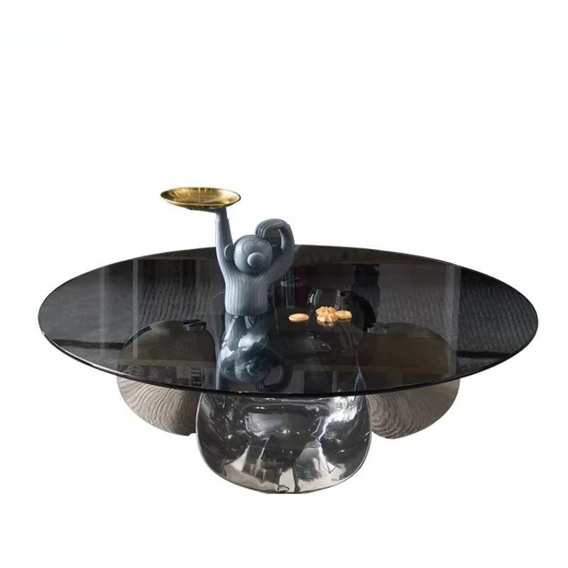 

High-end luxury design creative new black tempered glass coffee table with abstract base villa living room furniture