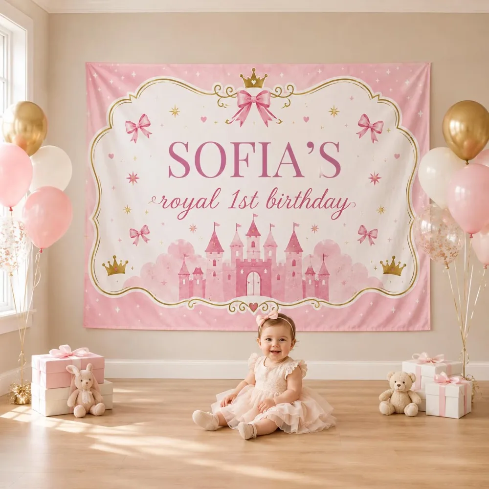 Royal First Birthday Backdrop Personalized Baby Girl Name Fabric Banner Pink Castle Crown Bow Party Photo Booth Decor