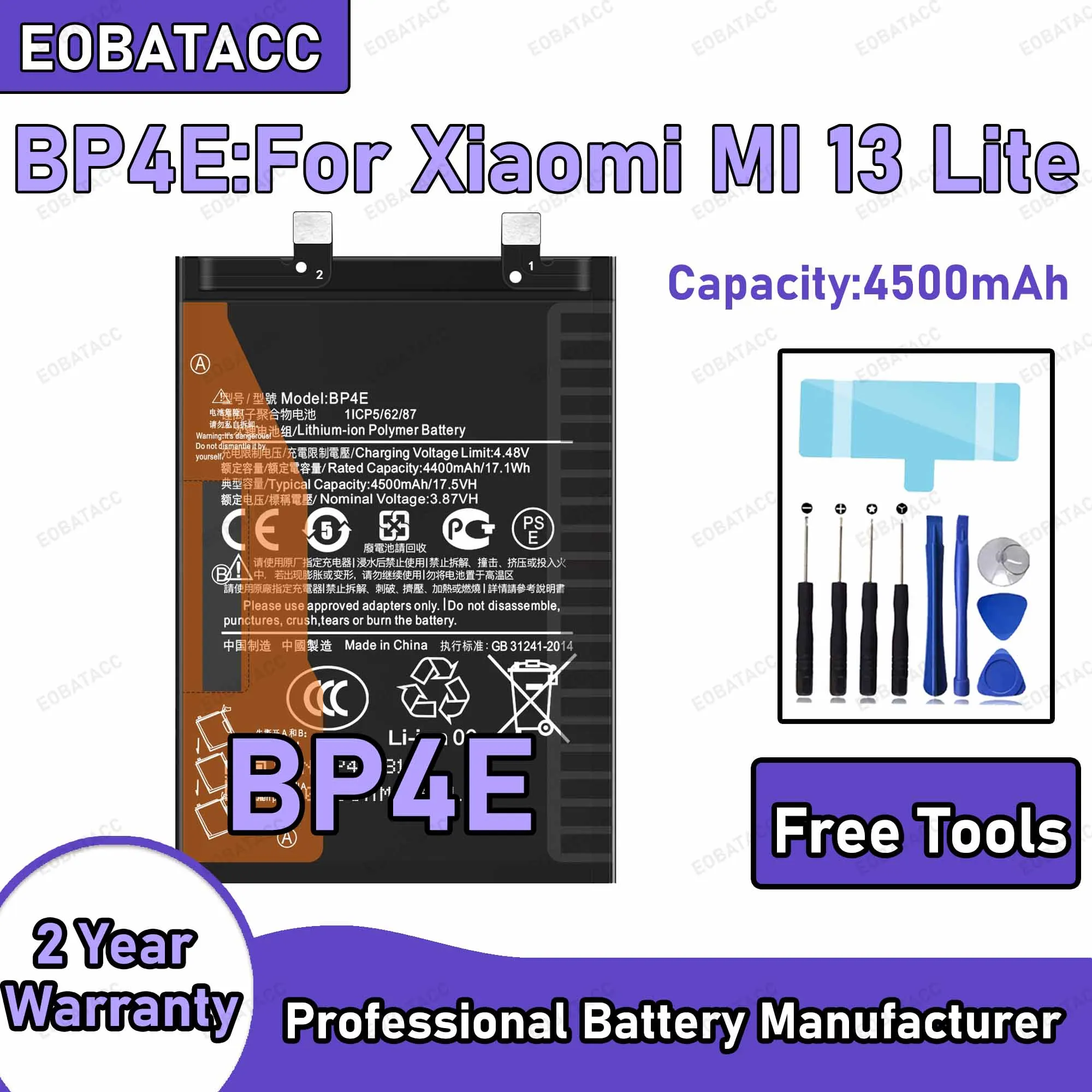 4500mAh BP4E Replacement Battery for Xiaomi MI 13 Lite battery Repair Tools Kit