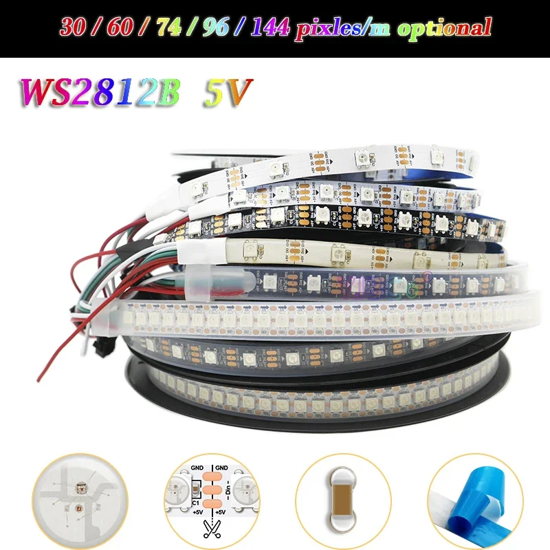 

5V DC WS2812B Smart LED Strip 30/60/74/96/144 leds/m WS2812 IC RGB pixels addressable lamp bar WS2812B/M Lights Tape IP30/65/67