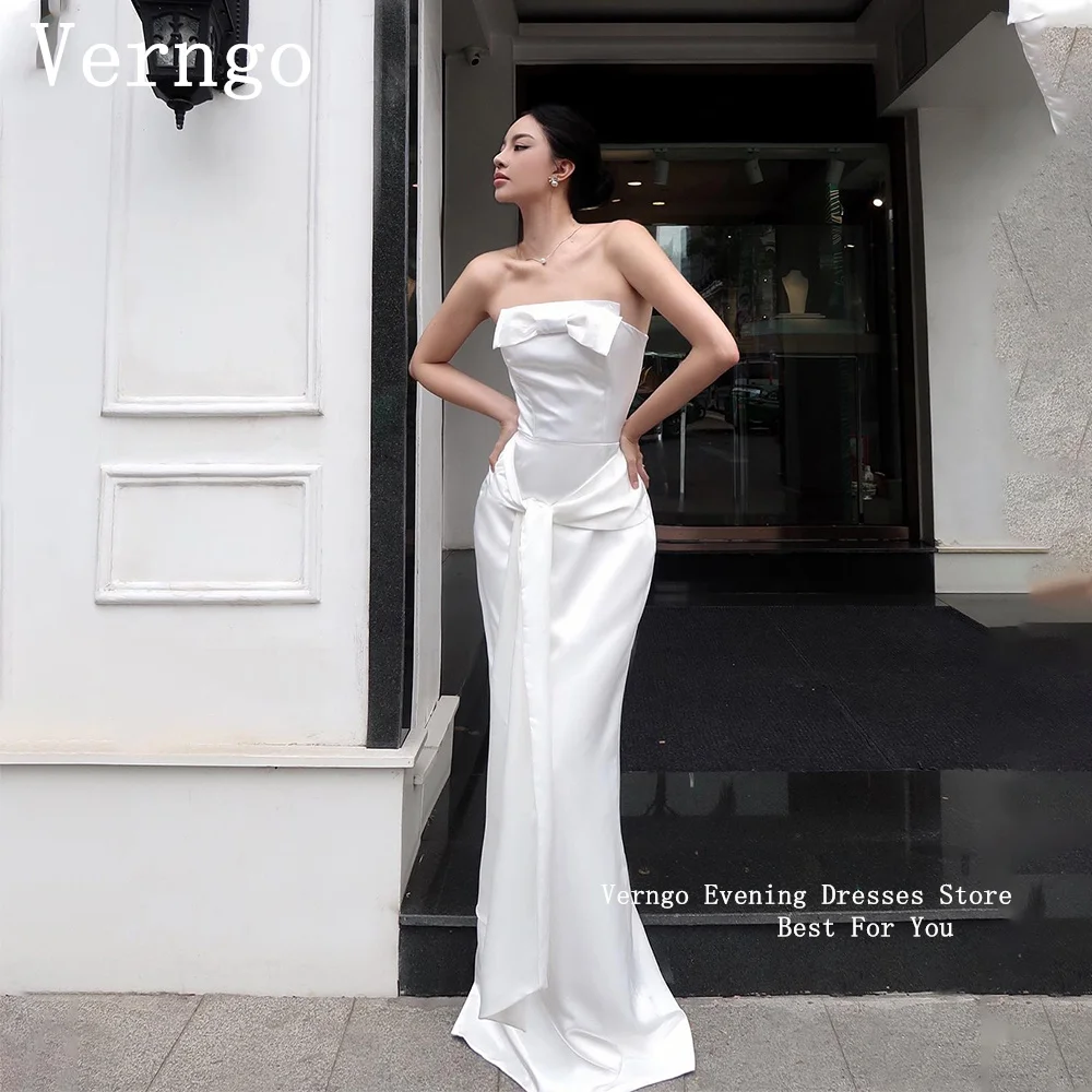 

Verngo White Satin Mermadi Evening Dresses For Women Strapless Bow Party Dress Simpel Elegant Prom Gown Floor Length