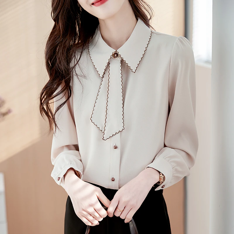 Elegant Long Sleeve Women's Blouse Fashion Slim Shirts Spliced Bright Line Decoration Women Tops Ribbon Button Up Women Shirt