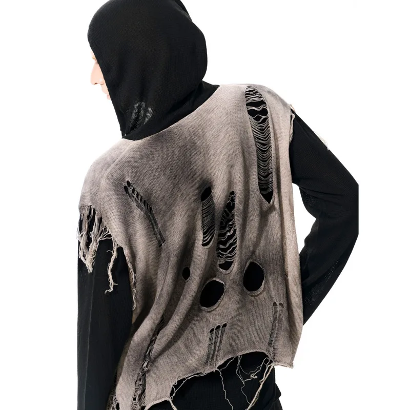 WVGA primavera otoño nuevo hombre marea desgastado suéteres de dos piezas tinte sucio moda prendas de punto con capucha nicho Chic Casual Tops Ins W12561