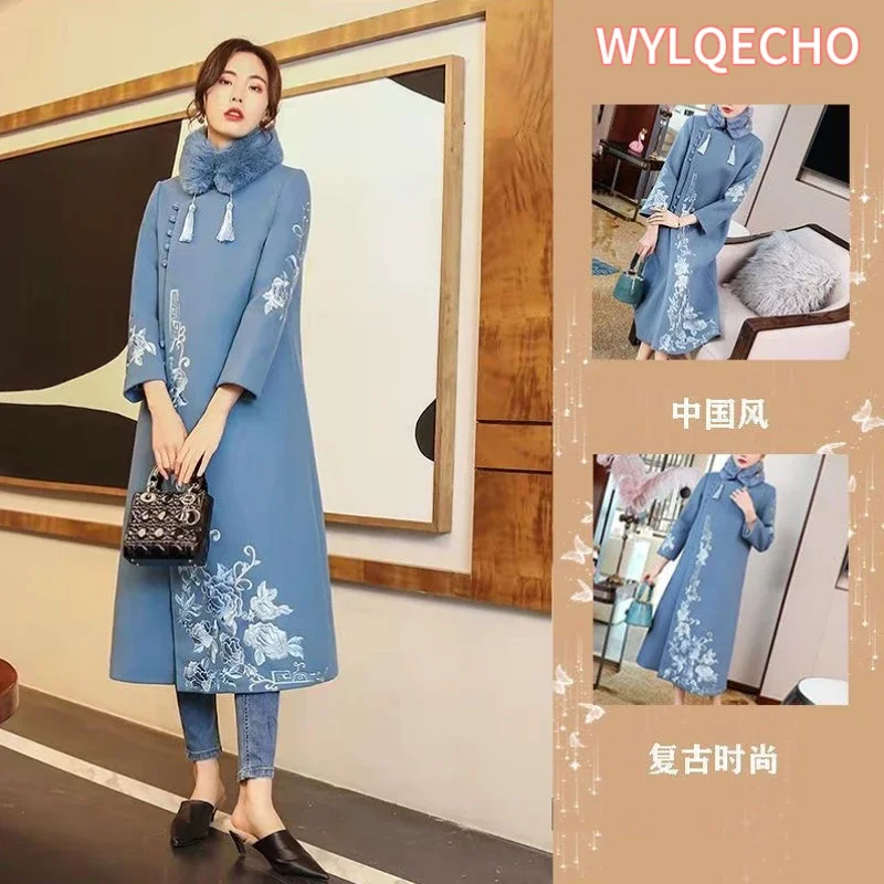 2023 chinese style improved qipao woolen dress autumn winter new improved women cheongsam dress daily floral hanfu dress