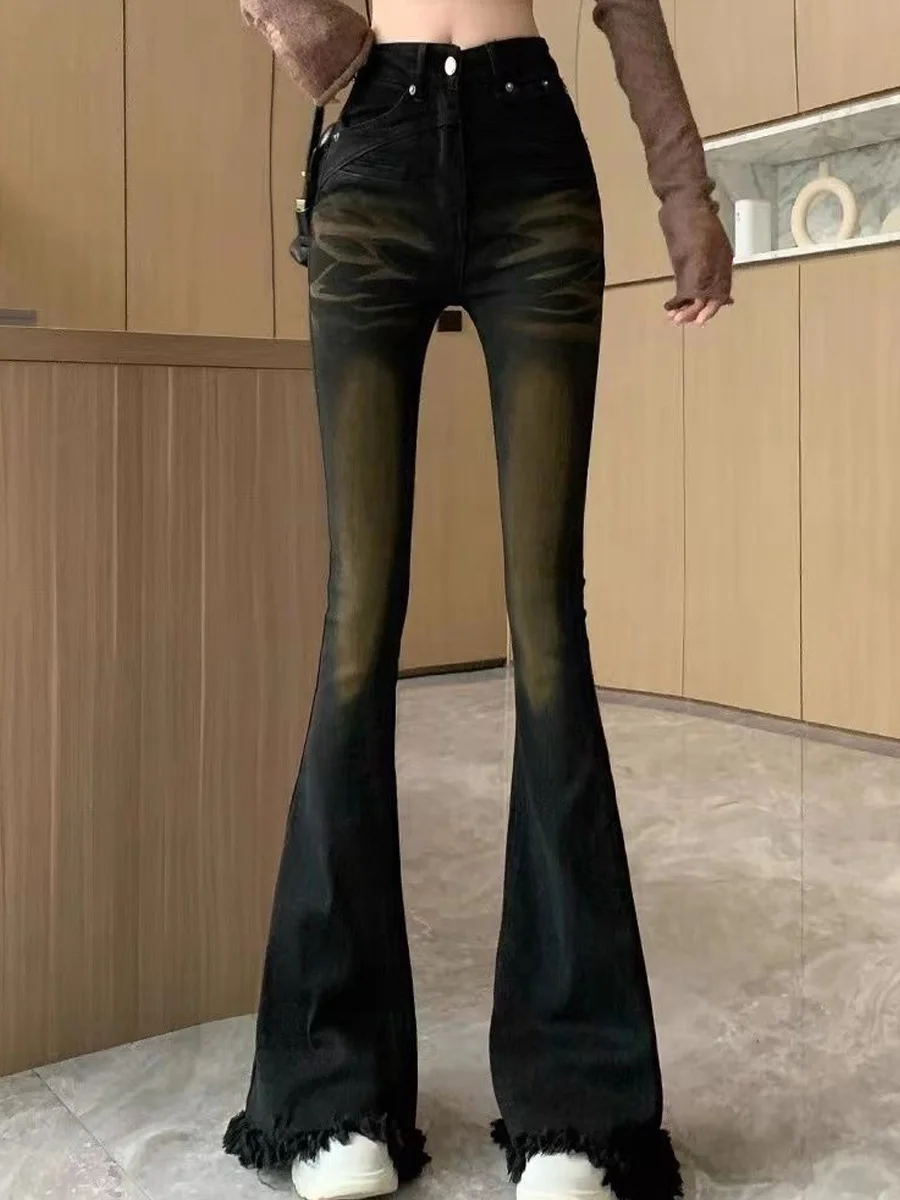 

Korean Style Faded Bell Bottom Jeans Women's Summer New Slim High Waist Elastic Washed Black Grey Bell Pants Denim Skinnies