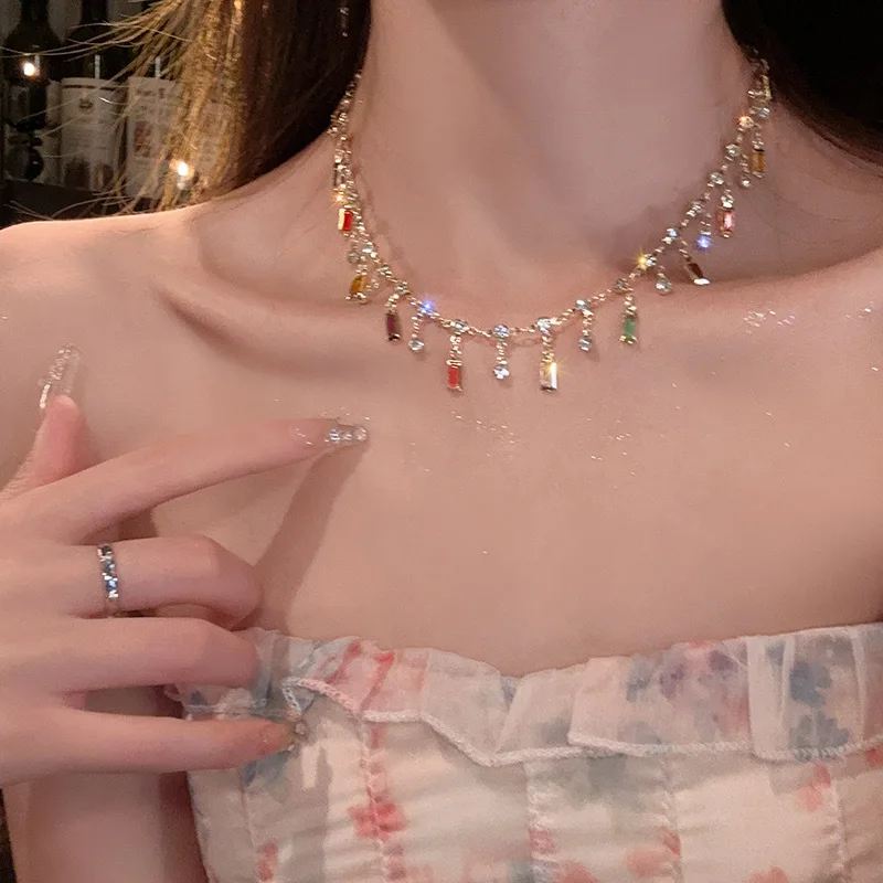 Exquisite Colored l Fringe Clavicle Necklace For Ladies Y2K Sparkling Elegant Charm Party Wedding Jewelry