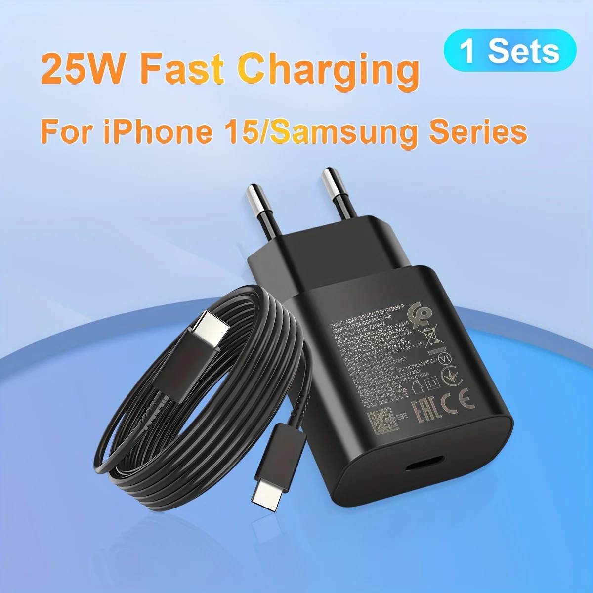 25W USB Type C Super Fast Charger European for Samsung Galaxy S23 S22 S21 S20 Ultra Plus A53 A52 with3.3ft Charging Cable(black)