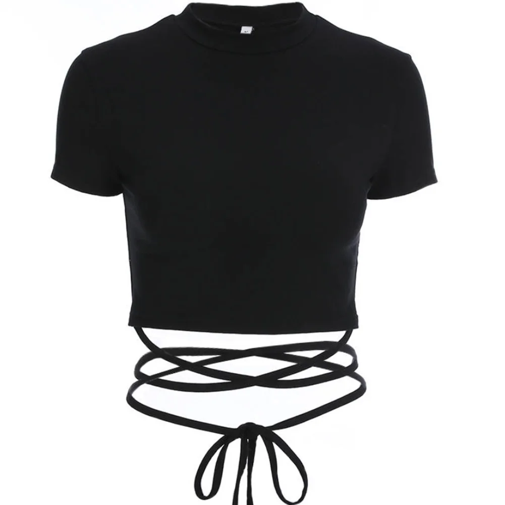 

Black Short T-Shirts T-shirt Black Polyester Summer Women Black Short T-Shirts Versatile Tight High-waisted Sexy Tops Y2K