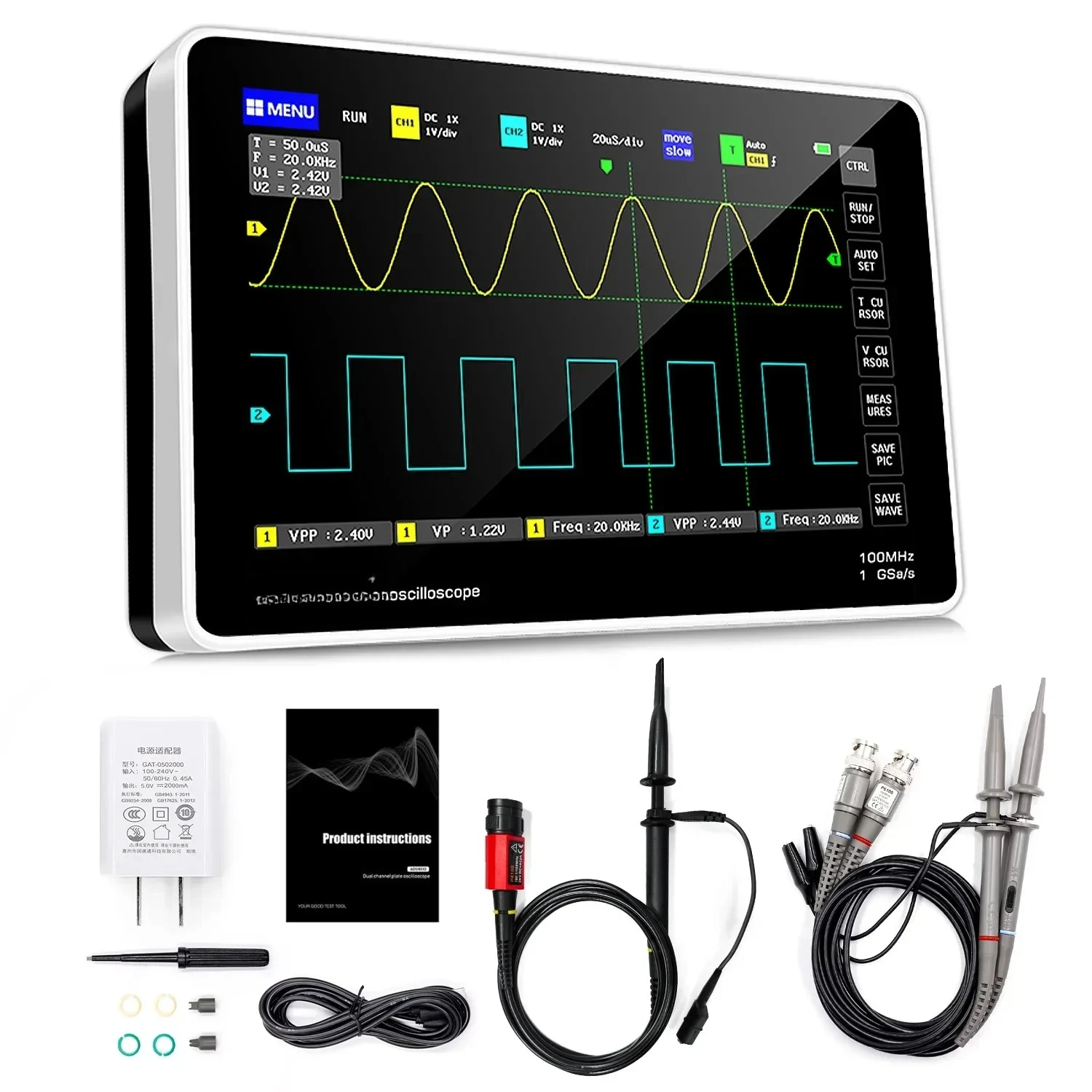 1013D Digital Storage Oscilloscope 2 Channel 100M Bandwidth 1GSa/s Sampling Rate Touch Screen Digital Tablet Oscilloscope