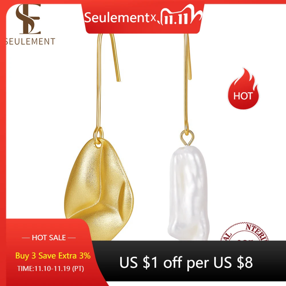 

Seulement Natural Freshwater Baroque Pearl Earrings for Women Fashion 925 Sterling Silver Irregular Asymmetrical Drop Earring