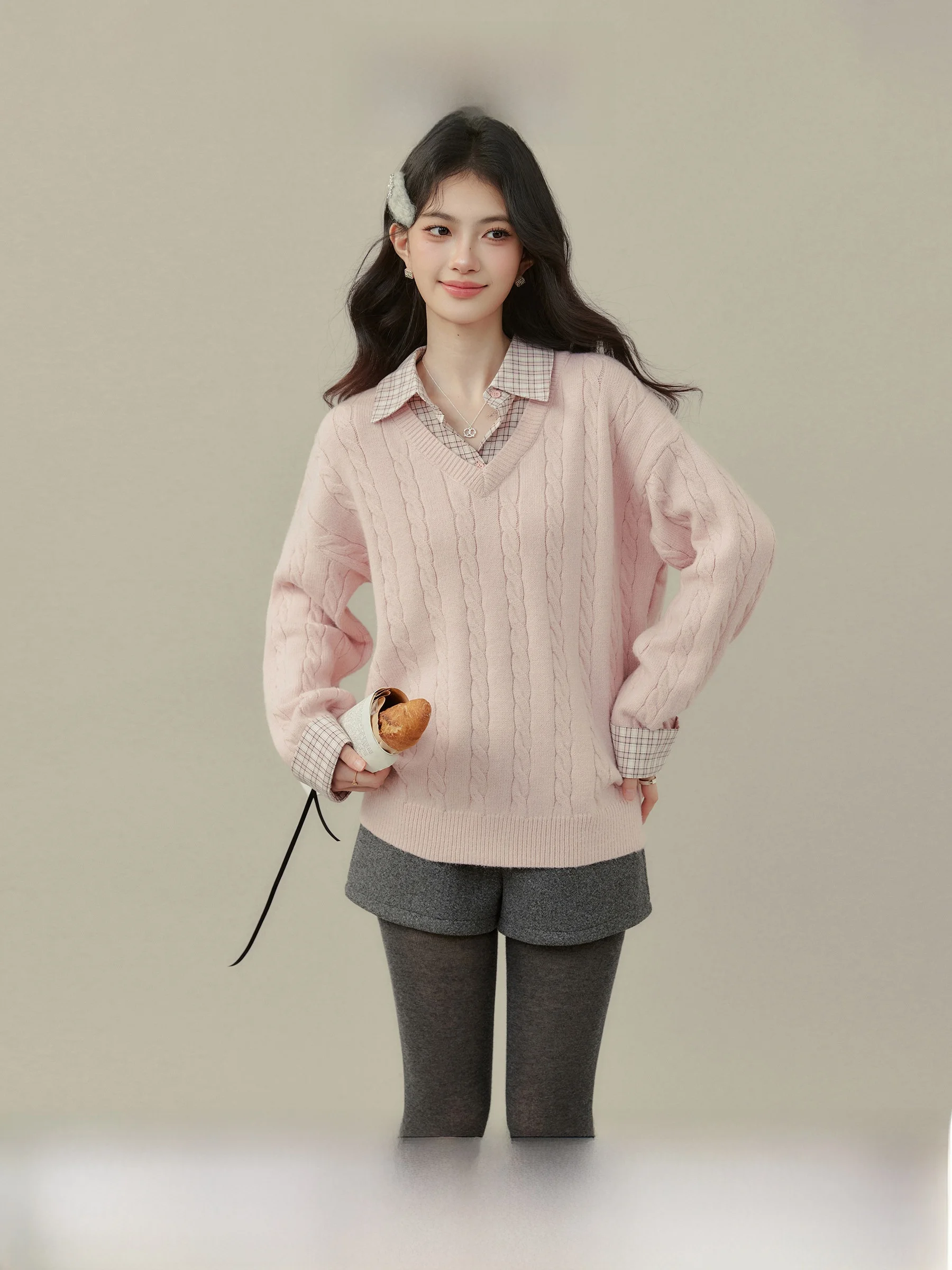

Ouyang Xi Plaid Ne Sweater Women's Fake Two-Piece Autumn Winter New Sle Casual Loose Fit Long Sve Girl's Knitwear