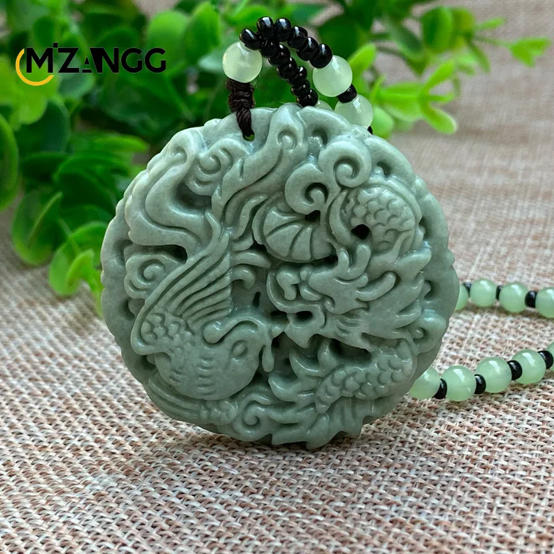 Naturalny zielony jadeit rzeźbiony smok Phoenix Chengxiang wisiorek wykwintna moda męska i damska naszyjnik talizmany prezent