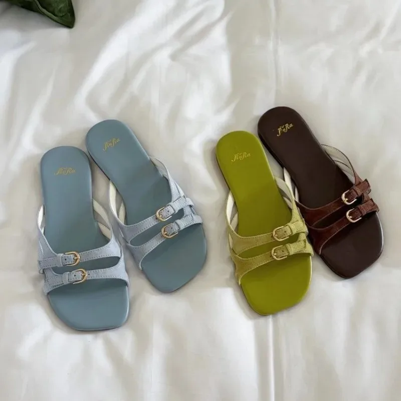 Lazy Style Women's Slippers, Summer Fresh Green, Square-toe with Buckle, Seaside Vacation Beach Shoes, Flat One-strap Flip-flops