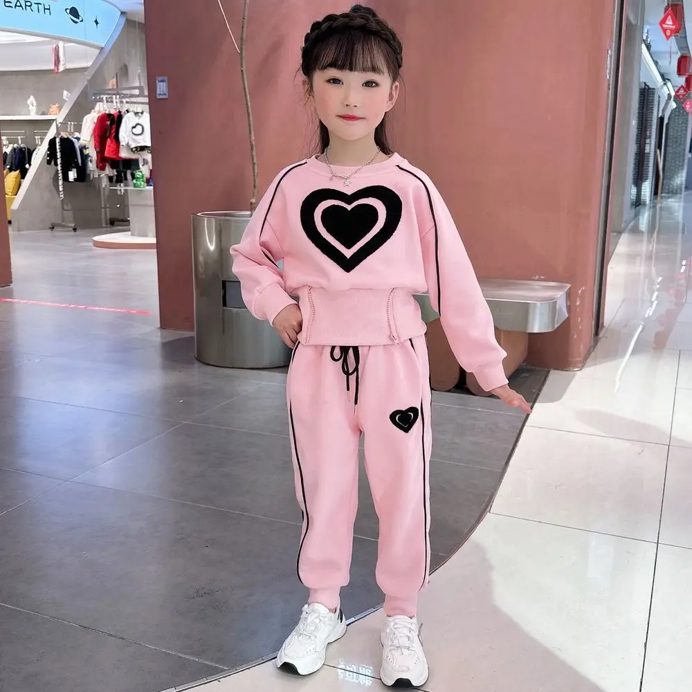 New Big Size Teenage Girls Spring Autumn Clothing Set Cartoon Big Heart Blouse Shirt + Pants 2Pcs Outfit Suit For Children