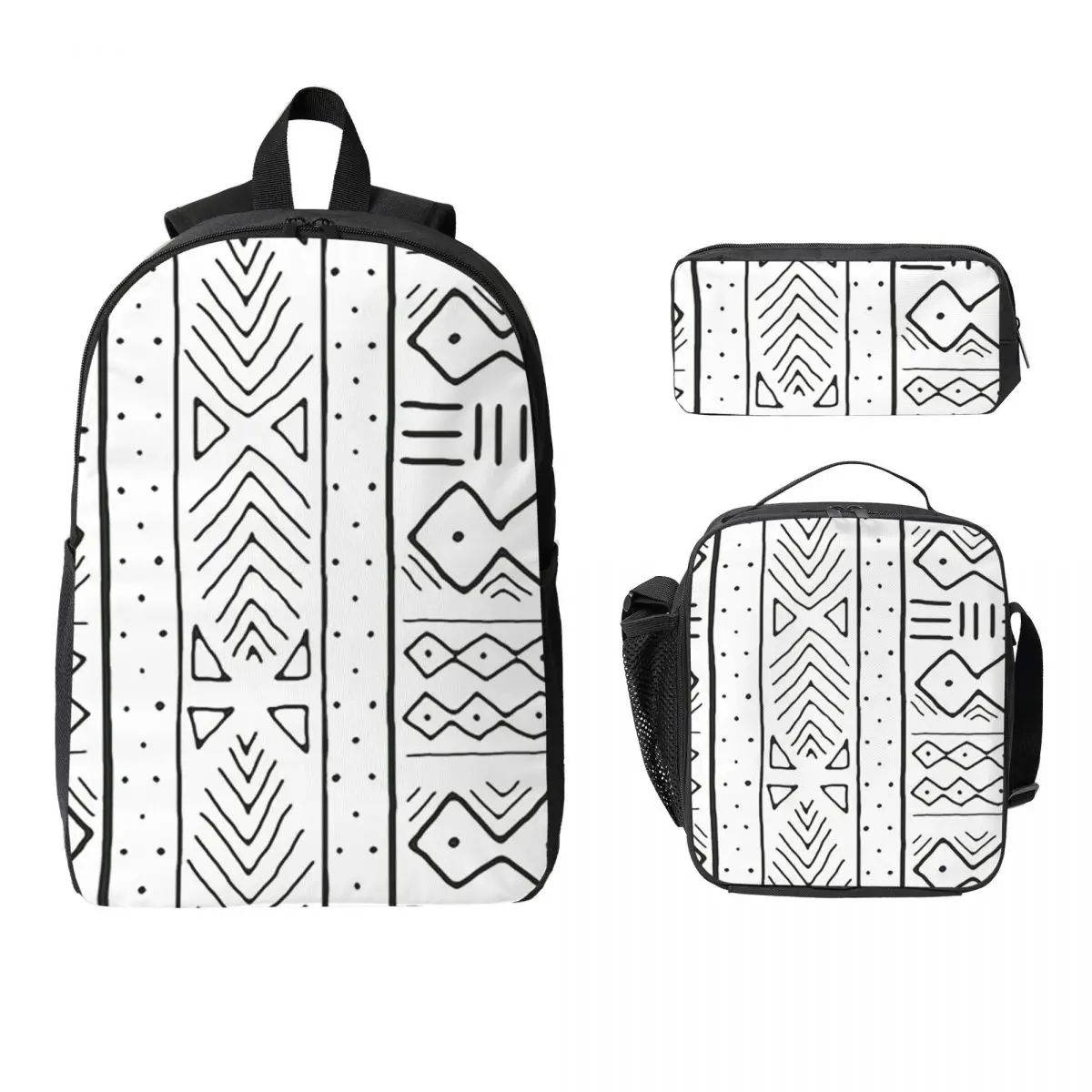 

African Mudcloth White Backpack Student Boys Girls BookBag School Bag Computer Shoulder Bags 3ps Insulated Lunch Bag Pencil Case