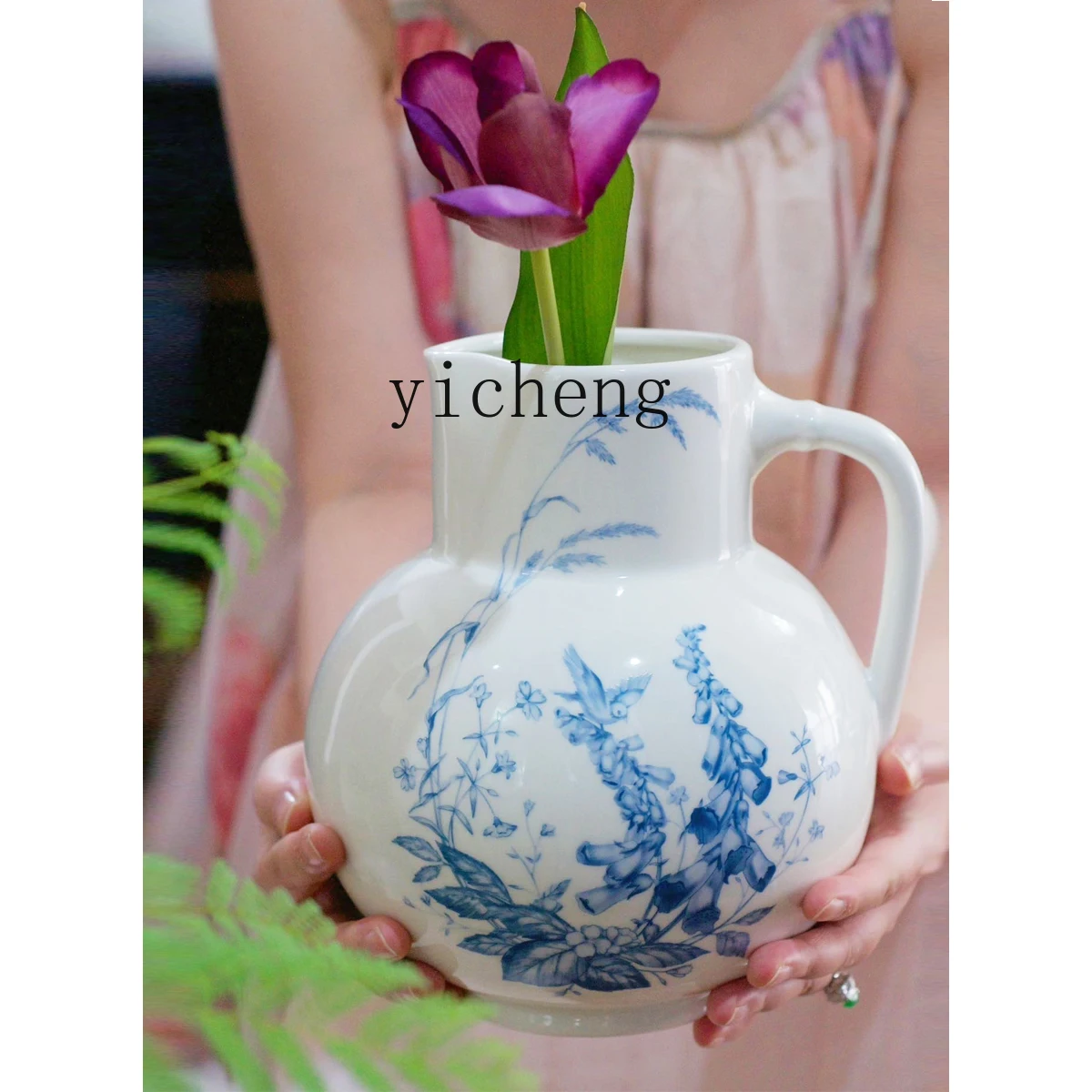 

TWRVintage Flower and Bird Blue and White Ceramic Vase Kettle Water Pot Flower Arrangement Pot Dining Table Flower