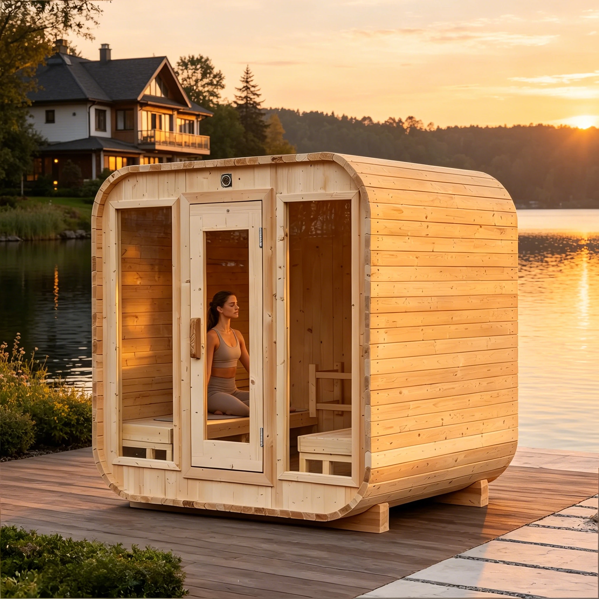 Outdoor Cedar Spa Sauna Cabin Heat Therapy Room with Ergonomic Seating and Weather Resistant Construction