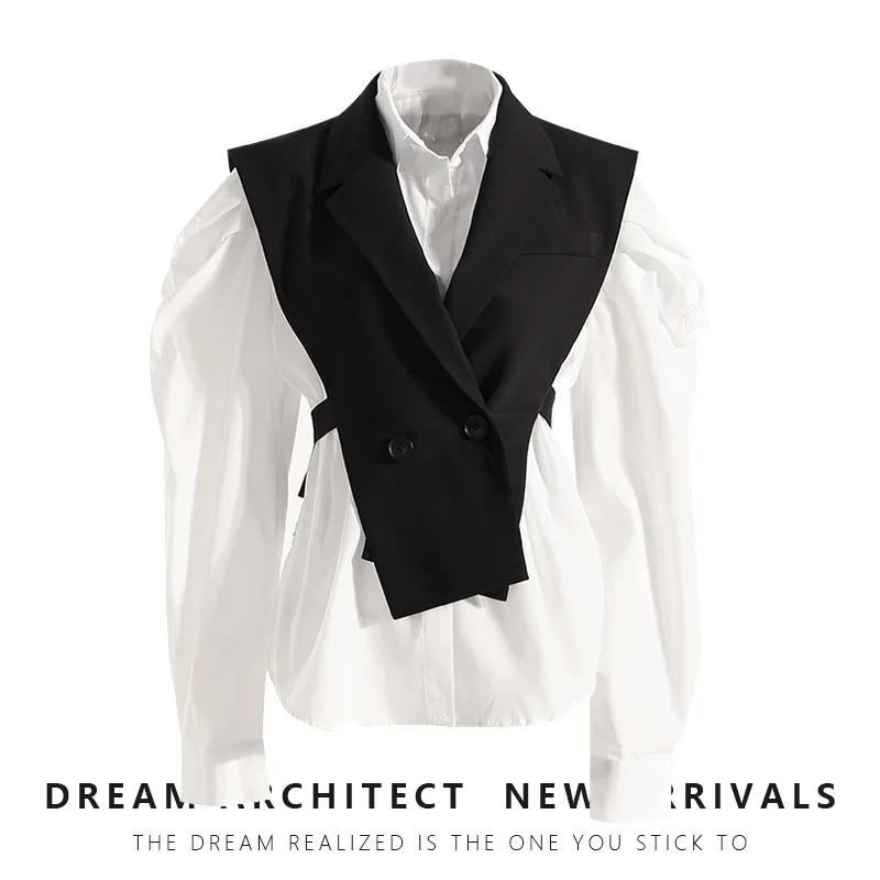 2025 Spring New Korean Style Temperament Suit Slimming Puff Sleeve White Shirt Waist Strap Vest Two-piece Suit