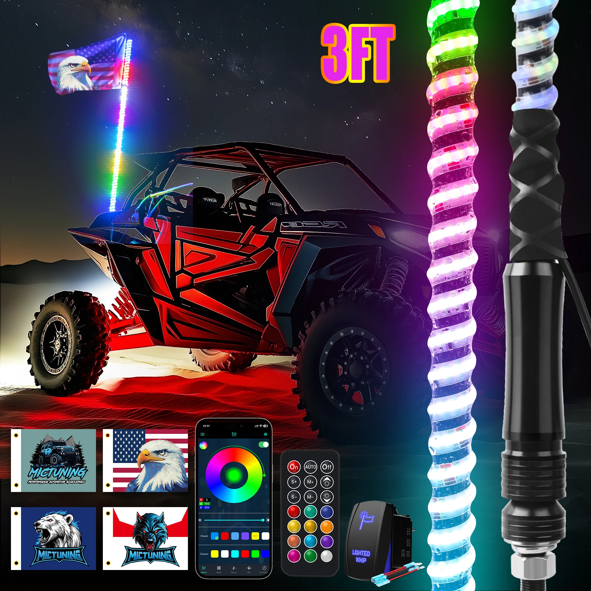 

MICTUNING 3FT 360° Spiral LED Whip Lights RGB+IC with APP+Remote Control Bendable Steering Brake Reverse Light for ATV UTV RZR