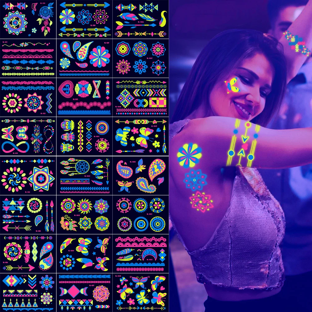 12/24Pcs Fluorescent Face Body Temporary Tattoo Sticker Butterfly/Heart/Flower UV Light Glowing Neon Tattoo For Bar/Party/Music