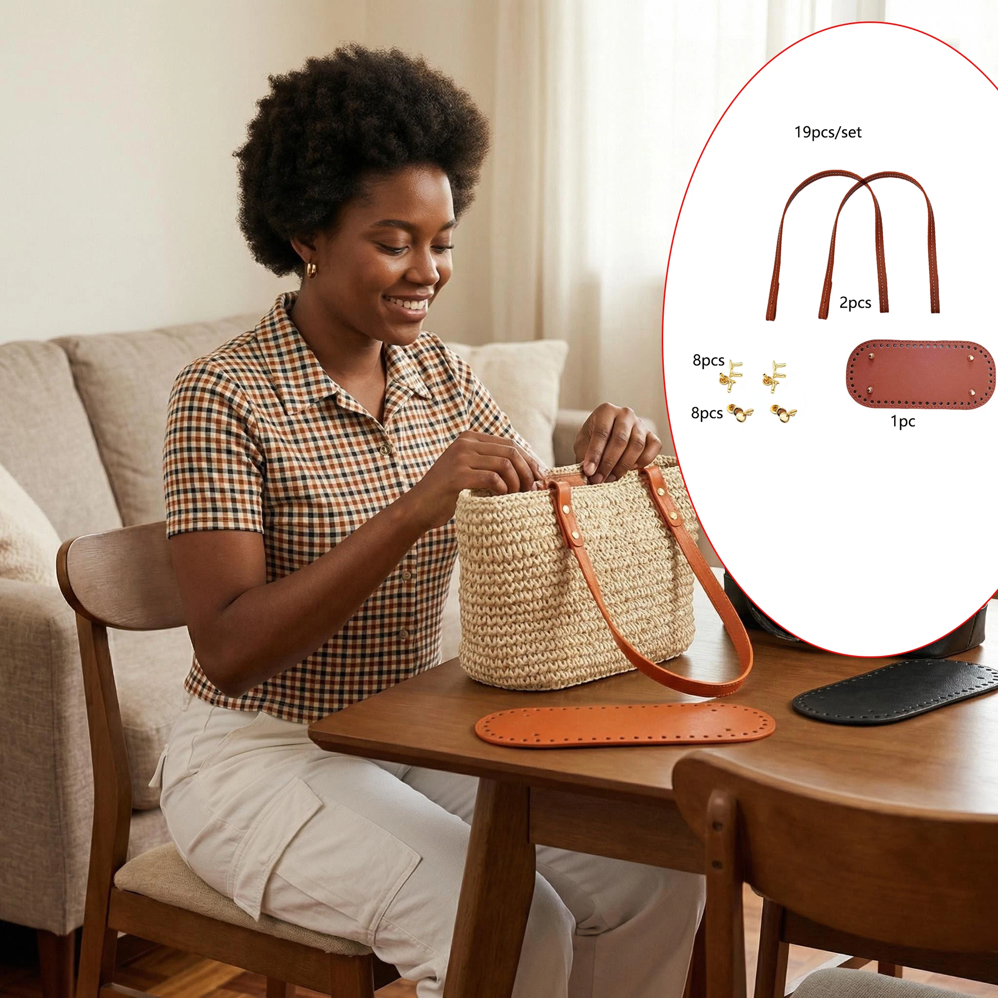 Multi-Color Pu Leather Bag Shoulder Strap + Bag Bottom Set + Fixed Rivets Handmade DIY Woven Bag Accessories Rivet Reinforcement Tote Bag Straw Bag Modification Replacement Shoulder Strap Bag Bottom Anti-Wear Accessories