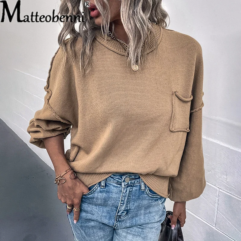 2022 Autumn Vintage Reverse Wear Style Solid Lantern Sleeves Jumpers Women O Neck Knitted Sweater Casual Loose Female Pocket Top