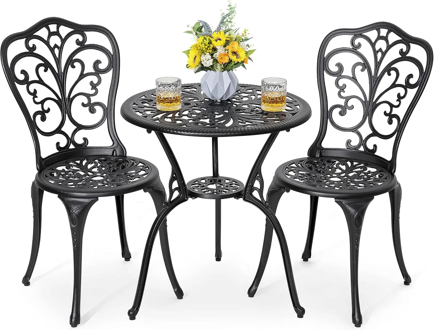 

3-Piece Outdoor Bistro Set with Umbrella Hole, All-Weather Cast Aluminum Table and Chairs for Yard or Balcony