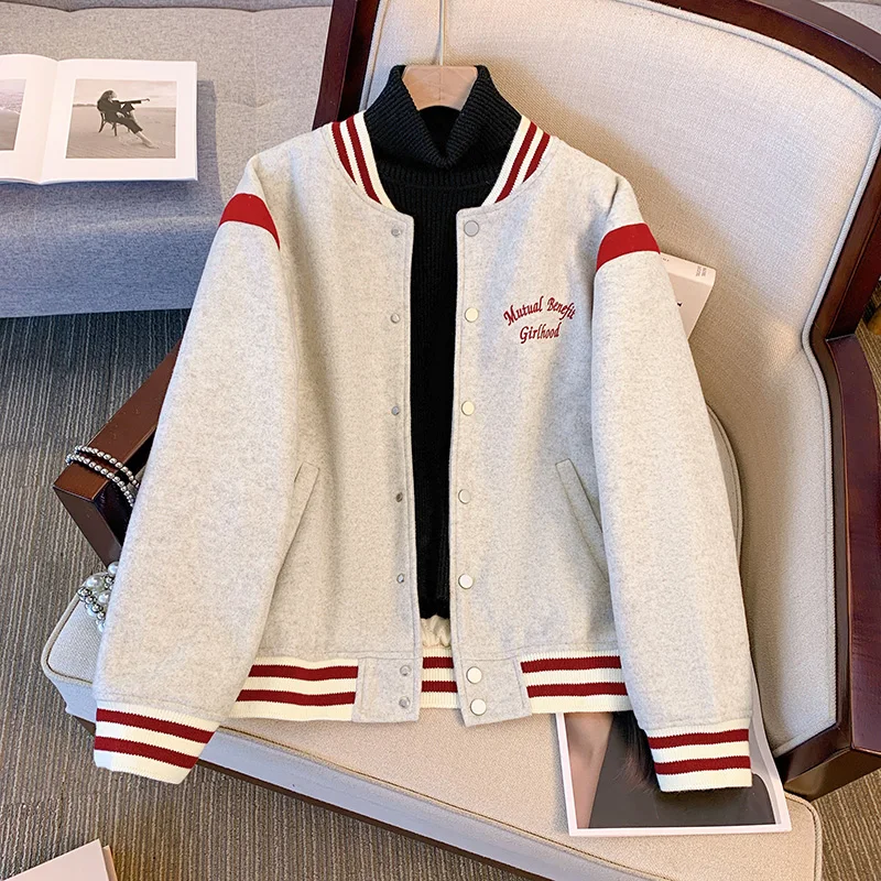 American Letter Embroidery Women Jacket Autumn Winter Color Contrast Quilted Woolen Baseball Uniform 2025 New Thick Coat