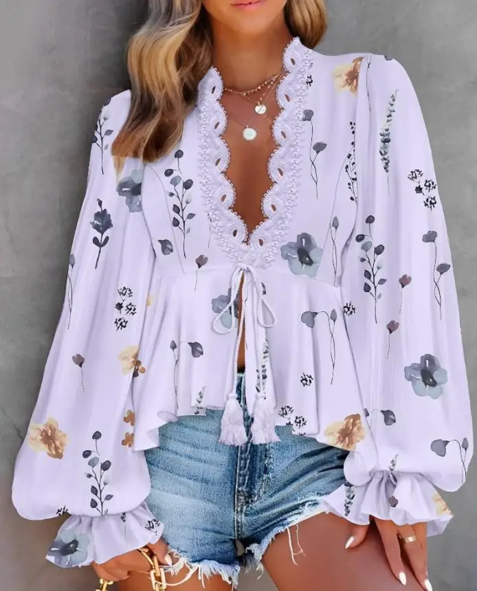 花柄 V ネック ブラウス ランタン スリーブ カジュアル コントラスト レース タイ ディテール レディース ファッション トップ