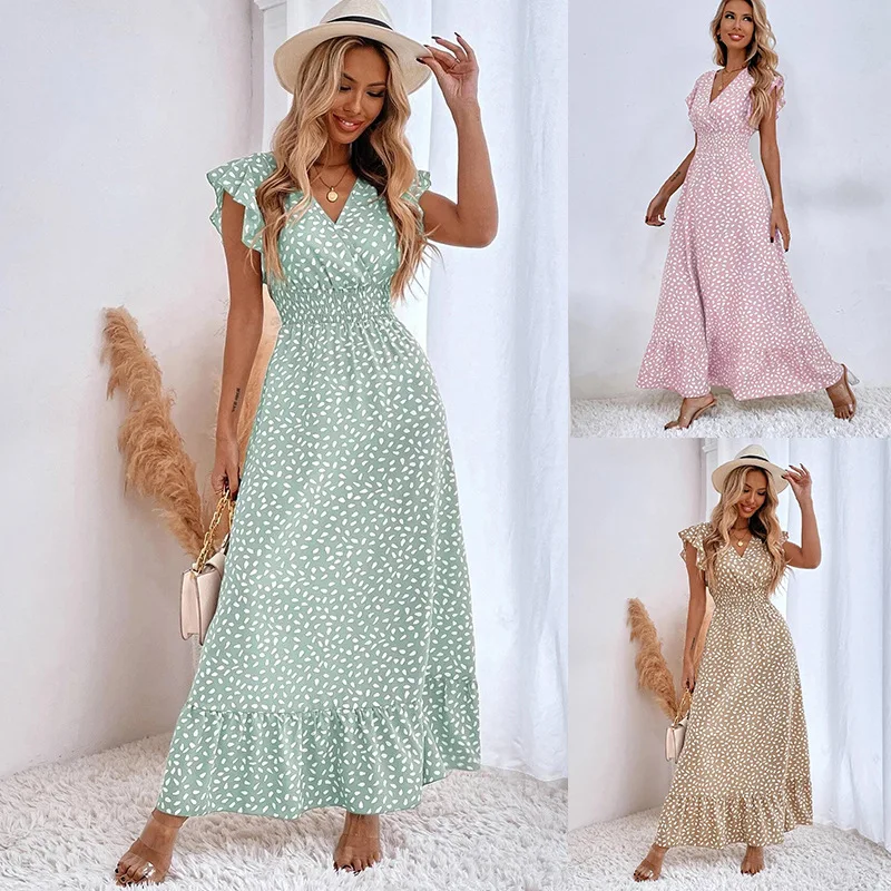 

European and American Women's Clothing New Spring and SummerVWaist-Cinching Long Dress with Ruffle Sleeves and High Waist