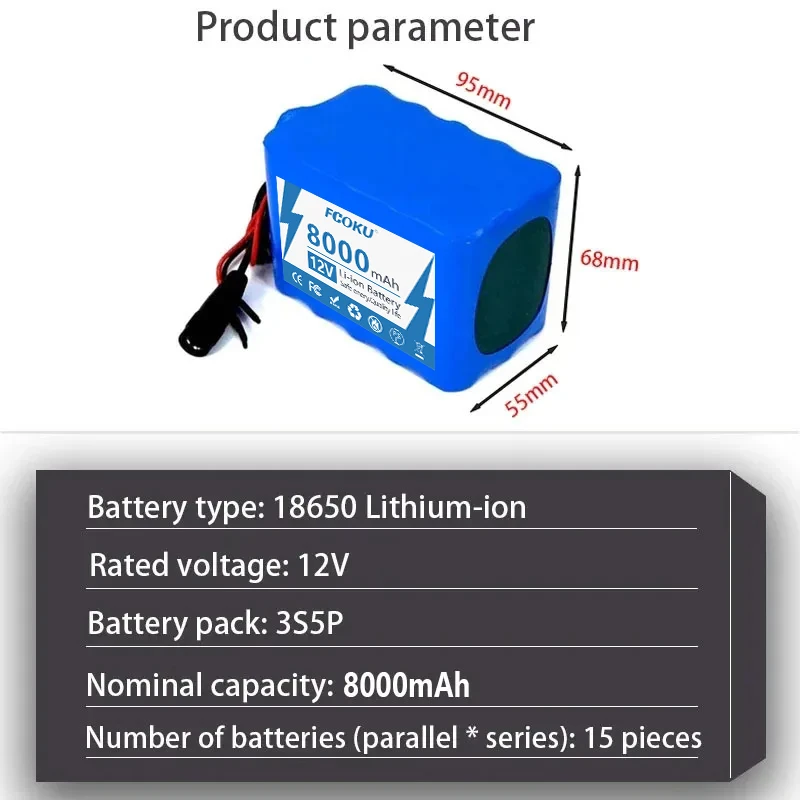 FCOku-Bateria de lítio recarregável, carregador BMS para bicicleta de pesca, baterias de grande capacidade, 18650, 3S5P, 12V, 8000mAh