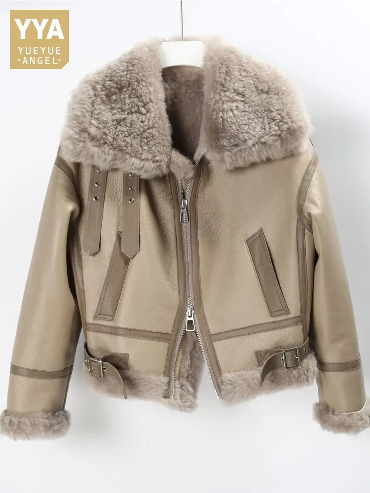 Winter Womens Shearling Jas Warme Wollen Voering Echt Lederen Motorjas Hoge Kwaliteit Streetwear Echt Bont Korte Overjas