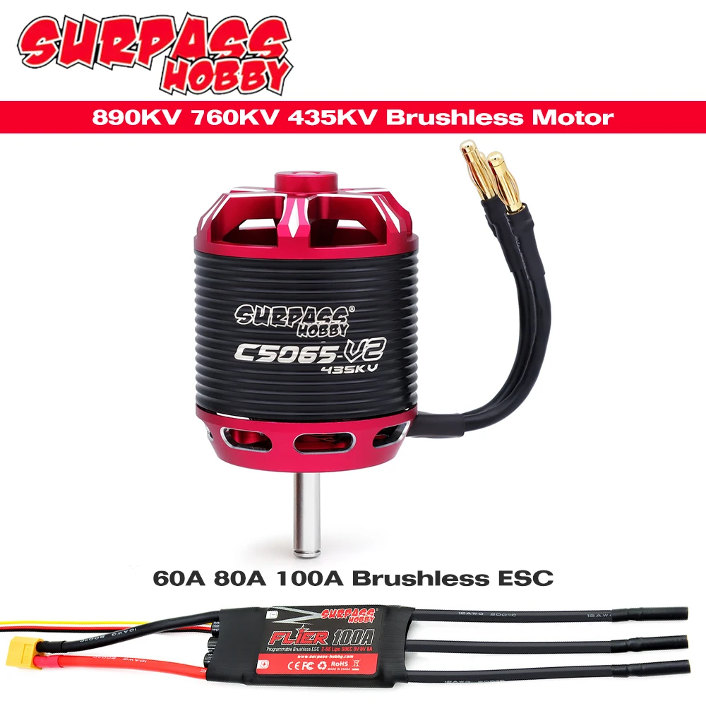 SURPASS HOBBY C50 Series V2 890KV 760KV 435KV Brushless Outrunner Motor 60A 80A 100A ESC Combo Set for RC Fixed Wing Plane