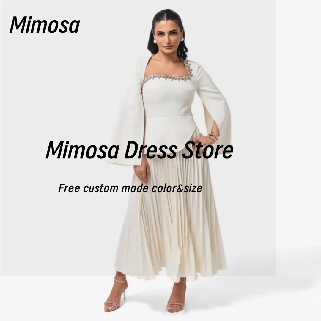 

Mimosa Beaded Square Neck Prom Dresses Long Sleeves Saudi Women's Evening Dress Pleats Wedding Party Gowns Customized