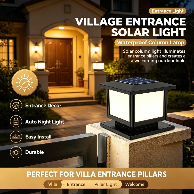 Outdoor Solar LED Column Light Waterproof Warm White for Garden Fence Post Pathway Yard Decor Fence Top Dusk to Dawn Pillar Lamp