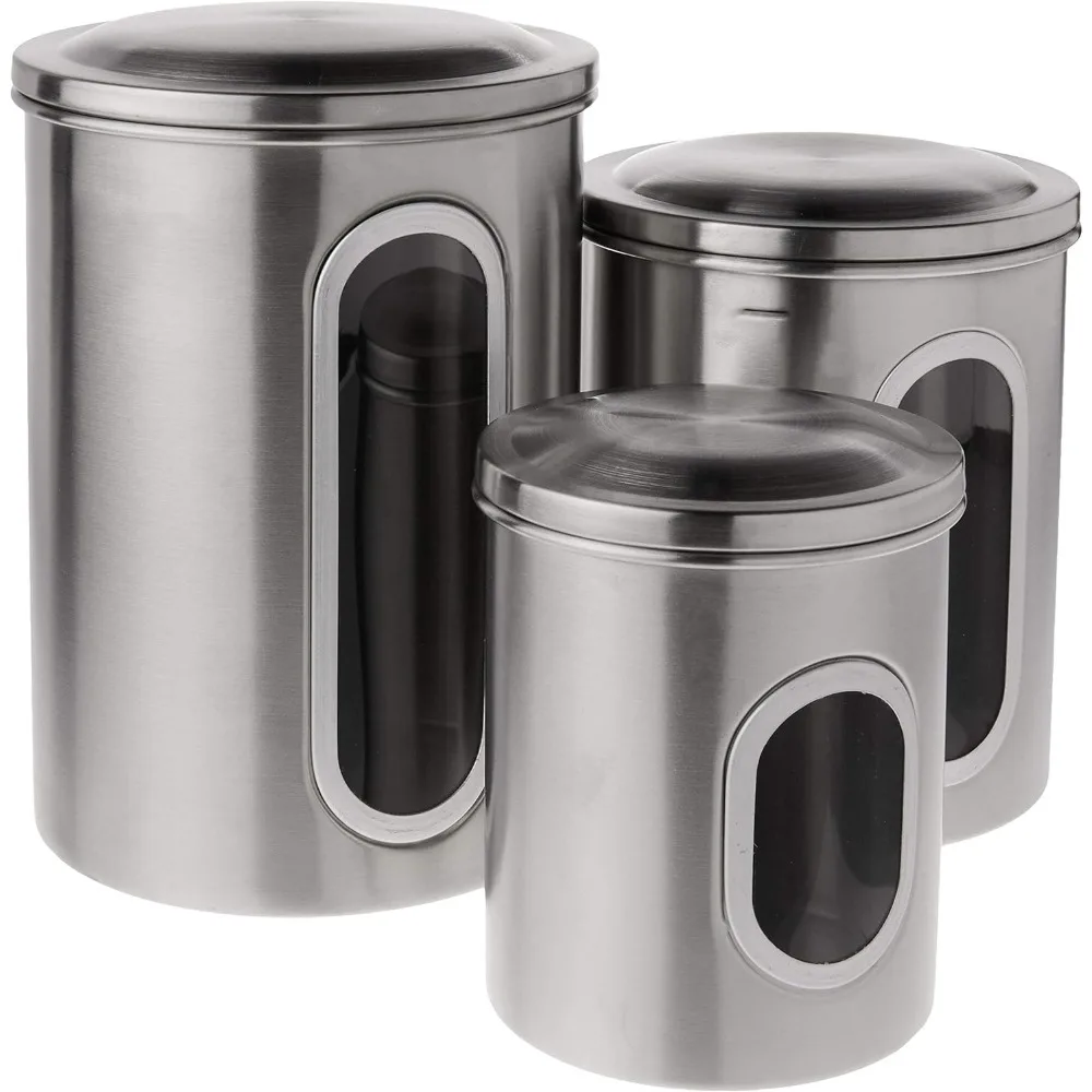 

Stainless Steel Kitchen Canister Set, 3-Piece Airtight Storage Containers for Coffee, Sugar, Flour