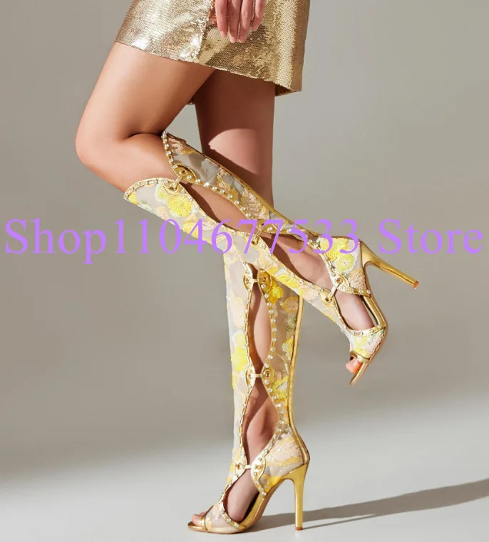 

New Design Hollow Out Woman Long Sandals Boots Fashion Peep Toe Thin Heel Lady Knee High Sandals Female Sexy Party Pumps Shoes