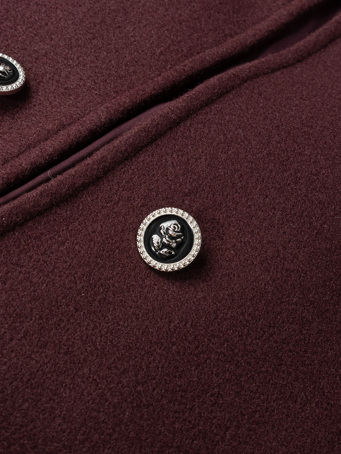 가을과 겨울에 입는 여성용 우아한 와인 레드 스탠드업 칼라, 사선 버튼 금속 버튼 장식 울 코트