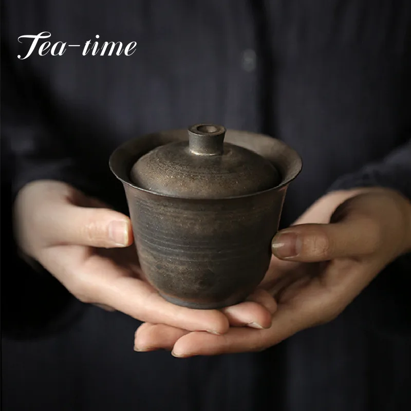 150ML Japanese-style Handmade Ceramic Gaiwan Retro Gilding Galze Art Tea Maker Hand-grabbing Bowl with Lid Kung Fu Teaware Set