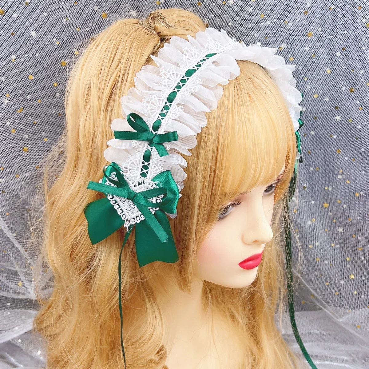 Japanese Girl Maid Cosplay Lolita Wide Lace Headband Bow Ruffles Hair Band Cross Headdress