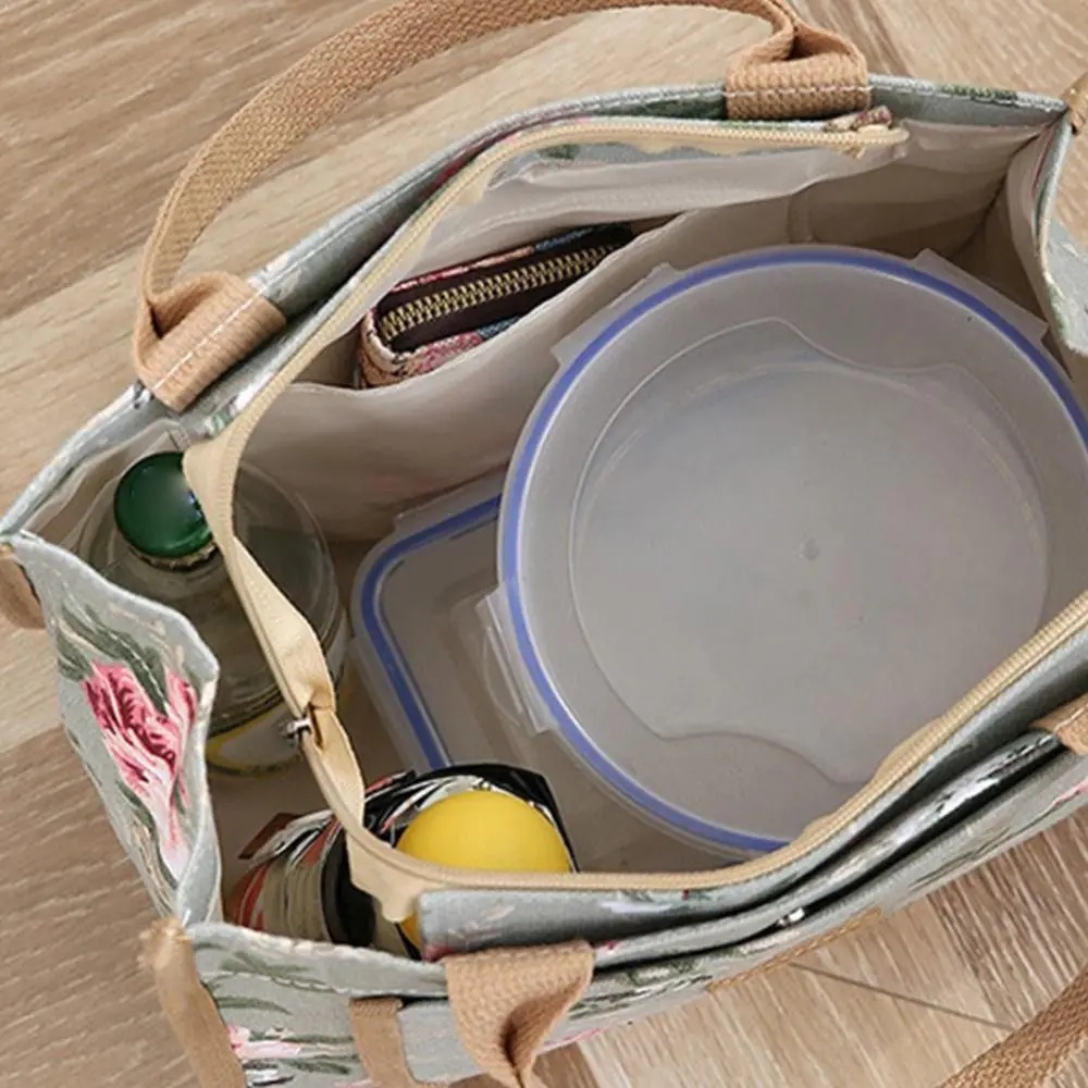 Portable Insulated Floral Print Lunch Bag Foil Lining Flower Thermal Picnic Bag Large Capacity Zippered Tote Bag Worker