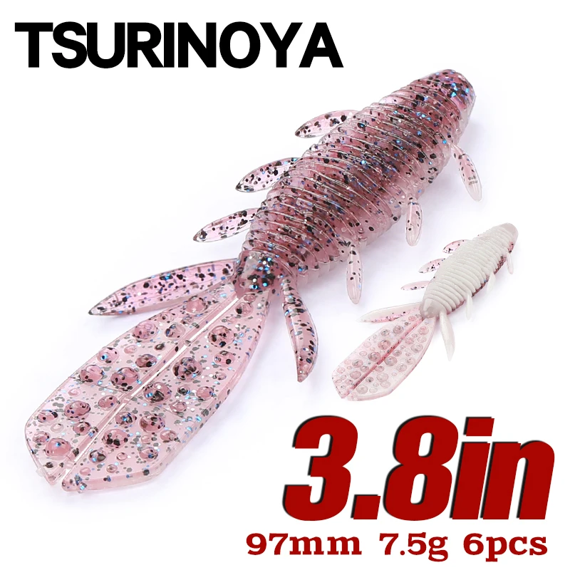 TSURINOYA  NEBULA 3.8in 6pcs  Shrimp Soft Lure  Bass Game Bellow Fishing Lure Artificial Silicone Add Salt Worm Baits Pike
