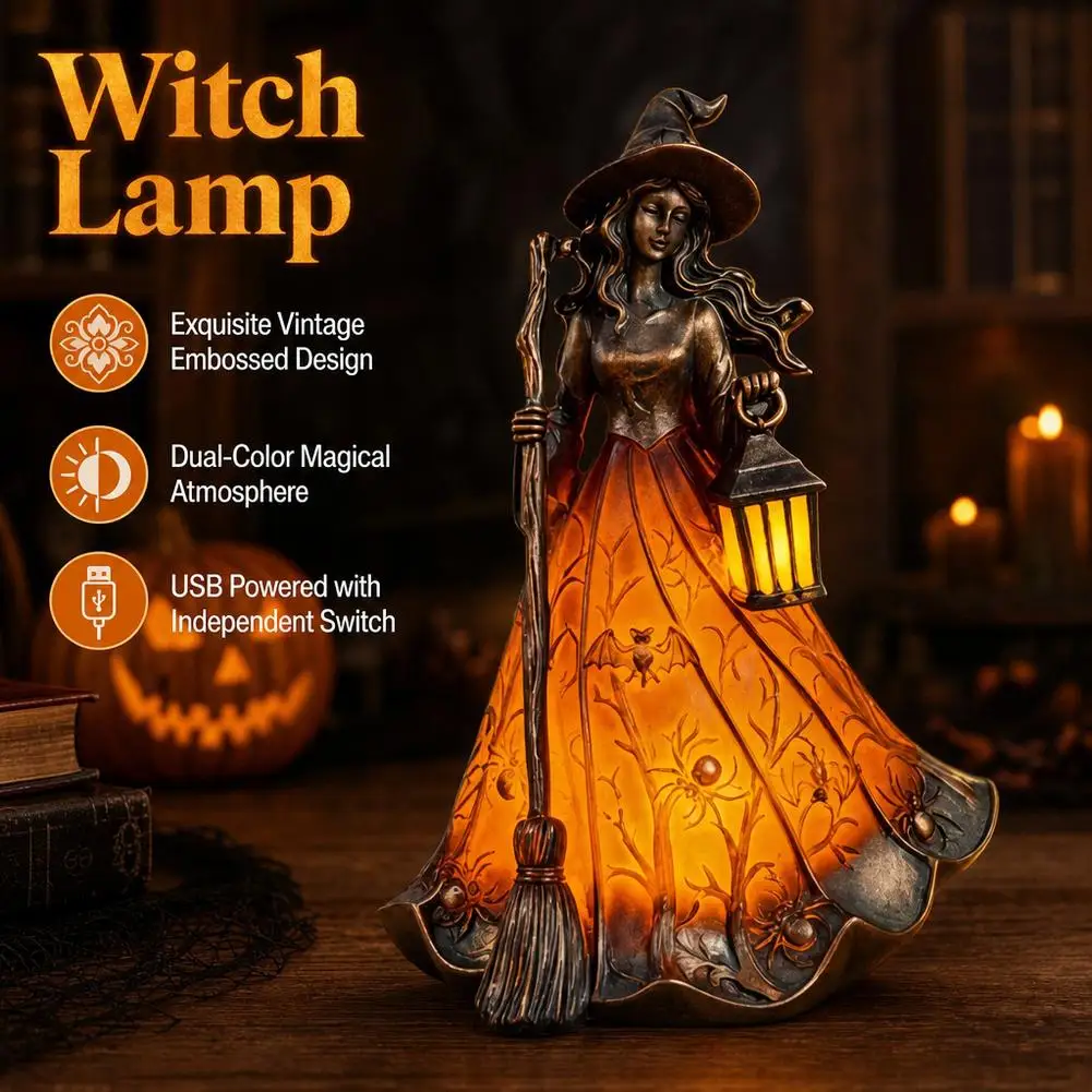 Halloween Retro Witch Statue Lamp with Lantern USB Power Supply Dual Color Glowing Tabletop Halloween Home Decoration